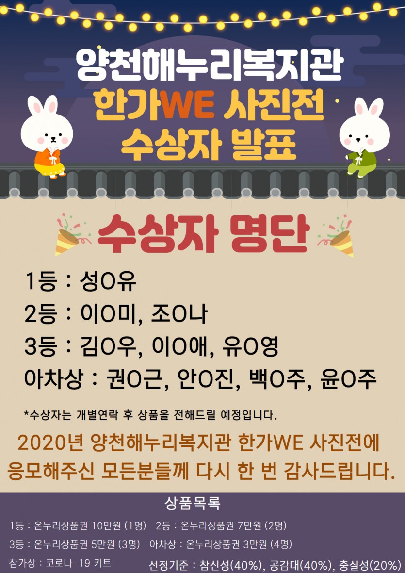 양천해누리복지관-한가WE 사진전 수상자 발표 수상자 명단 : 1등 성O유, 2등 이O미, 조O나 3등 김O우, 이O애, 유O영 아차상 : 권O근, 안O진, 백O주, 윤O주 *수상자는 개별연락 후 상품을 전해드릴 예정입니다. 2020년 양천해누리복지관 한가WE 사진전에 응모해주신 모든분들께 다시 한 번 감사드립니다. 상품목록 1등:온누리상품권 10만원(1명) 2등: 온누리 상품권 7만원(2명) 3등: 온누리상품권 5만원(3명) 아차상: 온누리 상품권 3만원(4명) 참가상: 코로나-19 키트 선정기준: 참신성(40%), 공감대(40%), 충실성(20%)