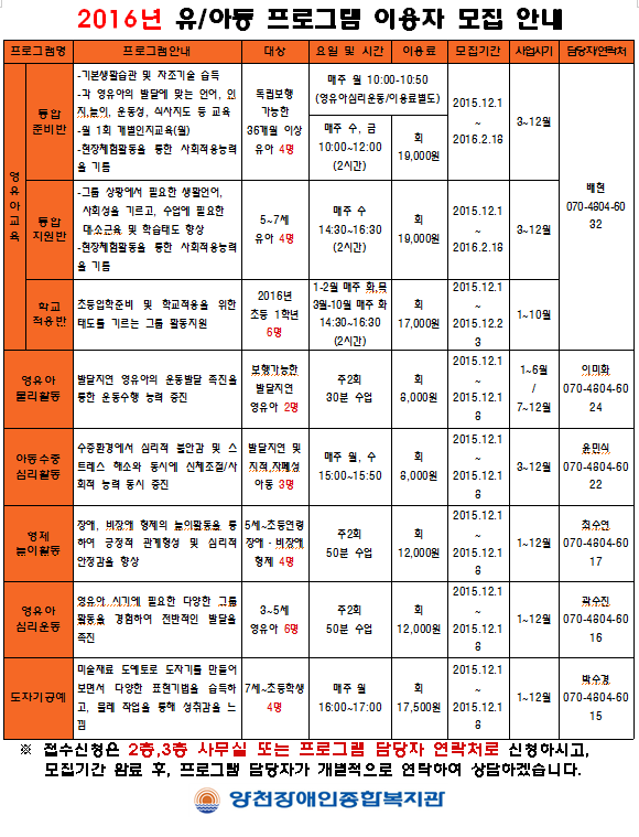 2016년 유아동 프로그램 이용자 모집 안내