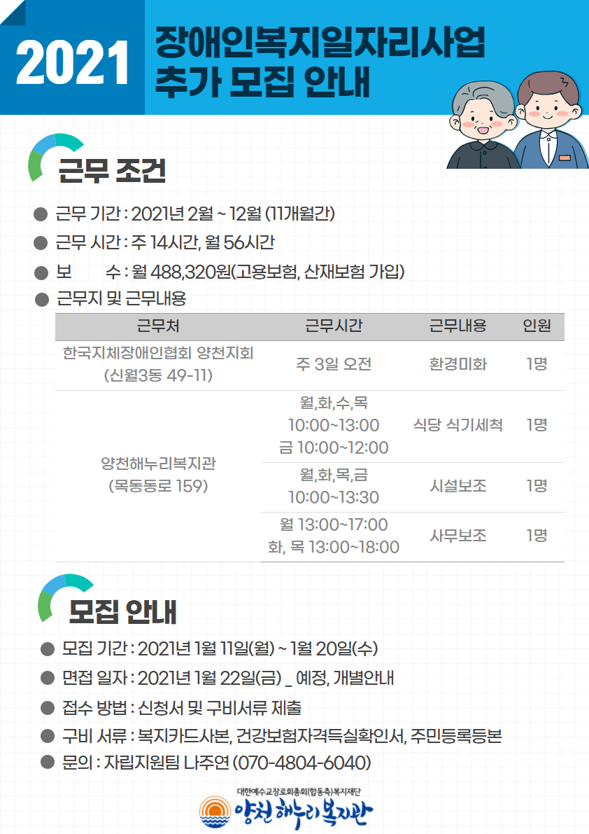 2021년 장애인복지일자리사업 추가 모집 안내