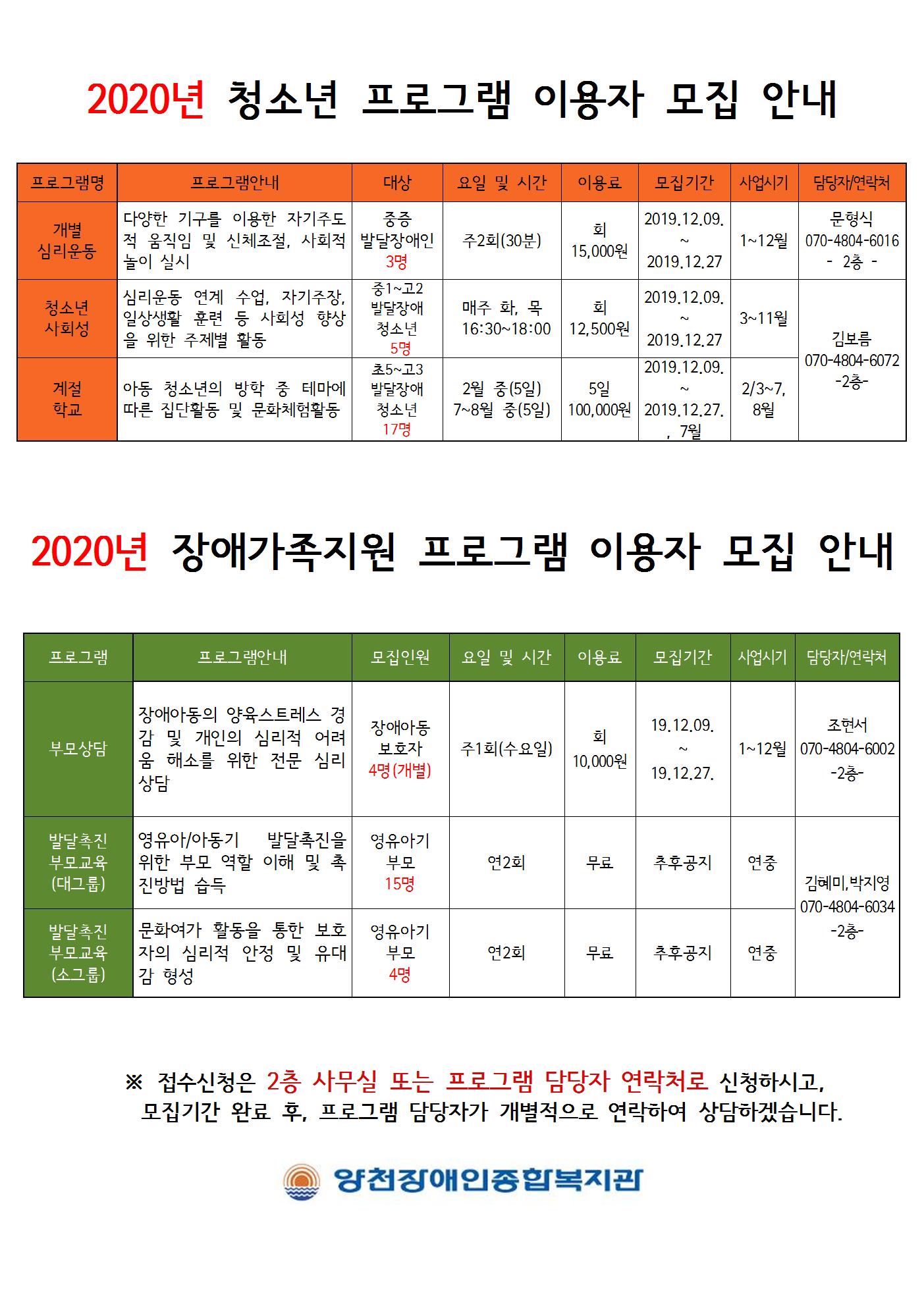 2020년 모집성프로그램안내(청소년, 가족프로그램) 