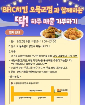 1. 일시 : 2023년 6월 14일(수) 11:00-24:002. 장소 : 서울특별시 양천구 목동서로 2913. 내용 - 저소득 장애인가정의 주거환경개선을 위해 당일 매출액의 10% 기부 - 배달어플(요기요, 배달의민족)을 통해 배달 주문이 가능합니다.   *단, 배달비가 발생할 수 있습니다. - 10만원 이상 주문시 양천구 전 지역 무료 배달 가능합니다.4. 문의 : 전략기획팀 양현석(070-4804-6052)