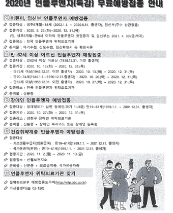 2020년 인플루엔자(독감) 무료예방접종 안내 포스터