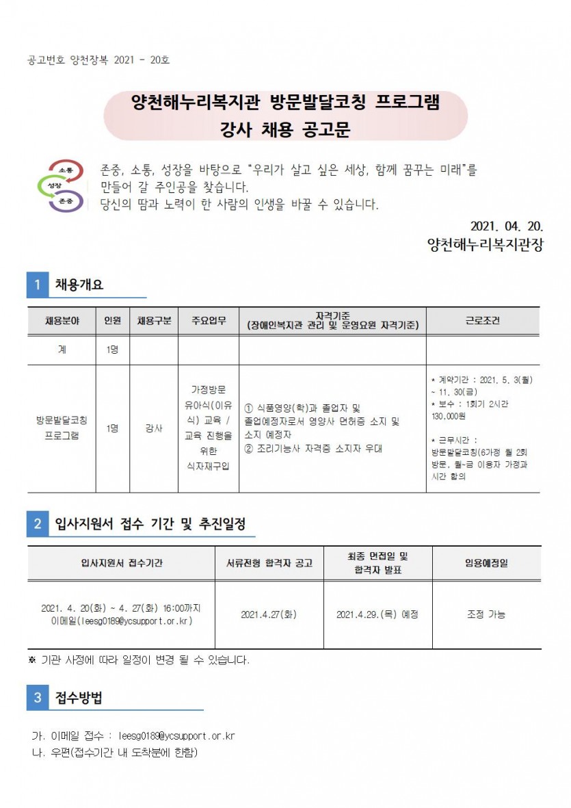 1. 채용개요가.채용분야 : 자립지원팀(직업재활사)나.인원 : 1명 다.채용구분 : 정규직(팀원)라.주요업무 : 직업재활업무마.자격기준(장애인복지관 관리 및 운영요원 자격기준)- 직업재활사 및 장애인재활상담사 자격증 소지자 -장애인복지관 직업재활사업 유경험자 우대 바. 근로조건-근무시간 : 주 5일/40시간 -보수 : 2021년 서울시 사회복지시설 종사자 인건비지급기준/ 기관 내부운영규정에 따름2.입사지원서 접수 기간 및 추진일정가. 입사지원서 접수기간 : 2021.4.20(화)~5.4(화) 16:00까지 이메일(leegs0189@ycsupport.or.kr)나. 서류전형 합격자 공고 : 2021.5.6(목)다. 최종 면접일 및 합격자 발표 : 2021. 5. 10(월) 예정 라. 임용예정일 : 조정가능3. 접수가능 가. 이메일접수 : leegs0189@ycsupport.or.kr 나. 우편(접수기간 내 도착분에 한함)